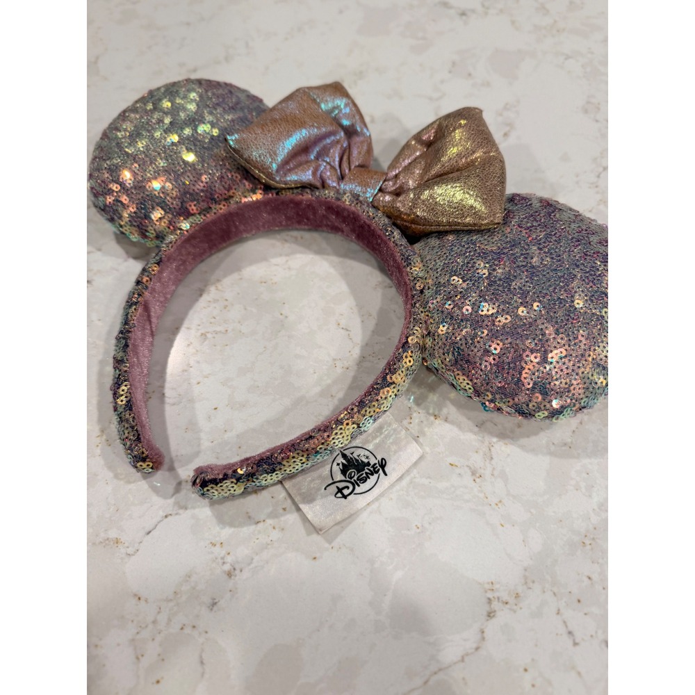 Disney Parks Minnie Mouse Sequin Ears Headband Rose Gold Iridescent Bow - Picture 2 of 3
